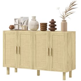 HOMCOM Boho Kitchen Cabinet, Buffet Cabinet with 4 Rattan Doors and Adjustable Shelves for Dining Room, Natural